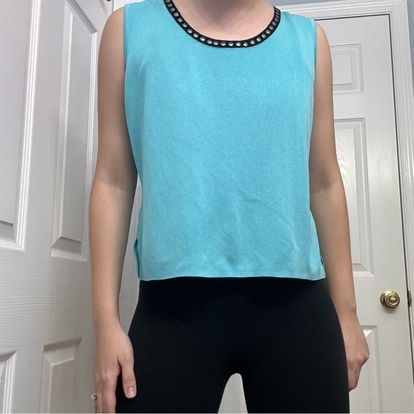 Ming Wang Top Knit Sleeveless Blue Work Minimalist Preppy Chic Designer Medium - Picture 8 of 8